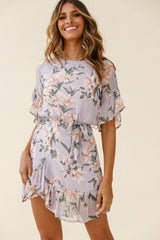 Azealia Ruffle Hem Dress Flower Print Purple