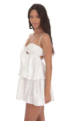 Jacquard Front Tie Ruffle Dress in White