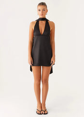 Alicia Satin Halter Mini Dress - Black