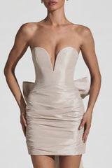 Satin Bow-Detail Strapless Mini Dress in Ivory