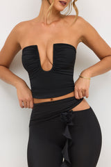 Jersey Strapless Plunge Neck Top in Black