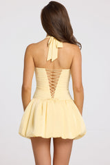 Halterneck Lace-Up Bubble Hem Corset Micro Mini Dress in Butter Yellow