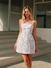 Flora Square-Neck Sleeveless Decor-Pockets Short Dress