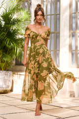 Solstice Bloom Chiffon Midi Dress - Olive Multi