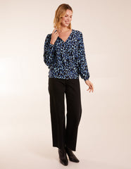 Wrap Front Leopard Print Deep Hem Band Top