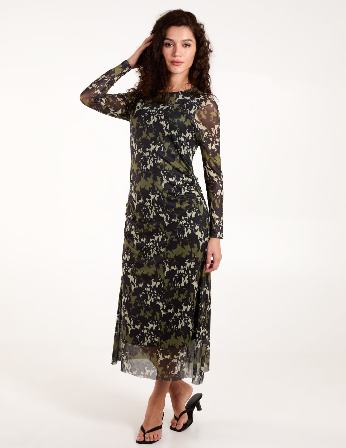 Ruched Mesh Midi Dress