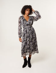 Printed Metallic Buckle Belted Midi Dress