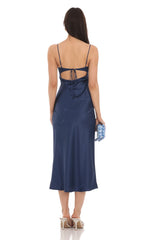 Satin Open Back Midi Dress in Navy