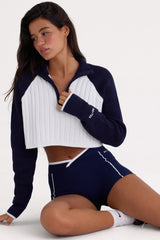 Ribbed Knit Quarter-Zip Cropped Jumper in Midnight