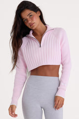Ribbed Knit Quarter-Zip Cropped Jumper in Powder Pink
