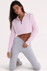 Ribbed Knit Quarter-Zip Cropped Jumper in Powder Pink