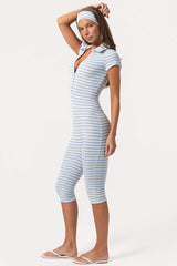 Ribbed Jersey Capri Jumpsuit in Blue Stripe