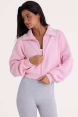Ribbed Knit Zip-Up Cropped Sweatshirt in Pale Pink