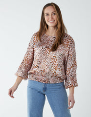 Leopard Print Round Neck Batwing Shirred Hemband Top