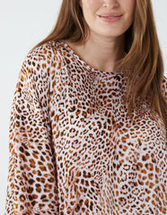 Leopard Print Round Neck Batwing Shirred Hemband Top