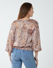 Leopard Print Round Neck Batwing Shirred Hemband Top