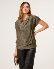 Metallic Cowl Neck Draped Top