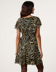 Animal Print Frill V Neck Mini Mesh Dress
