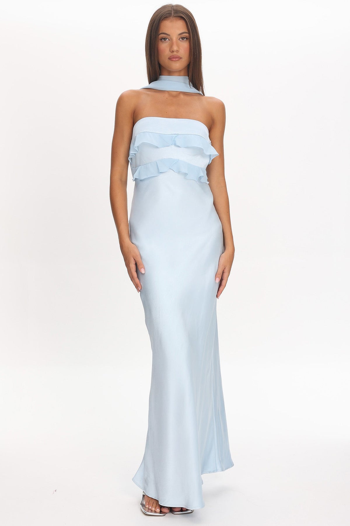 Damsel Reverse Halter Frill Trim Maxi Dress Baby Blue