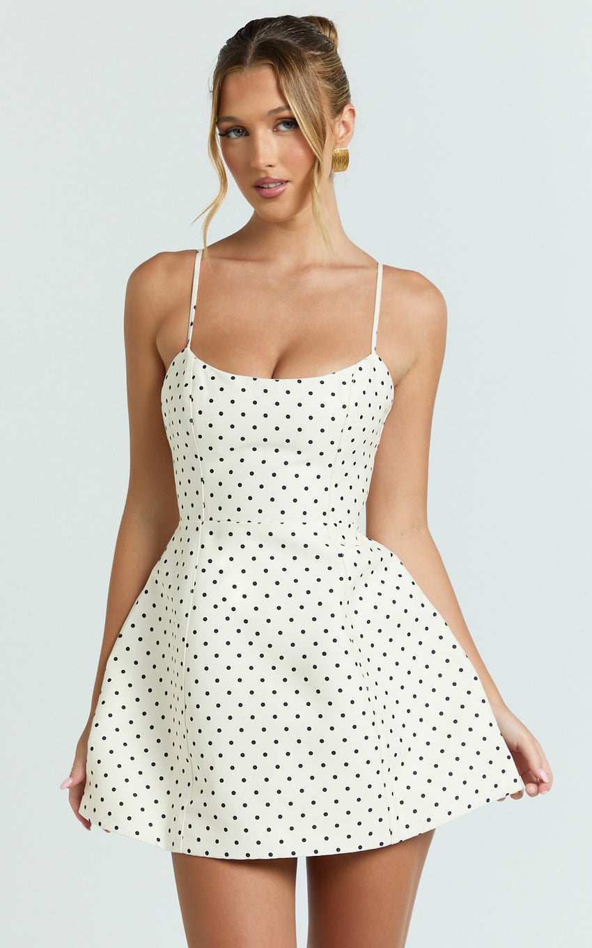 Carolina Mini Dress - Scoop Neck Panel Bodice Dress in White Polka Dot