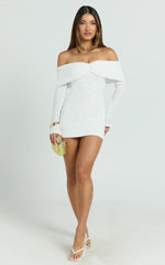 Virginia Mini Dress - Off Shoulder Sheer Sequin Knit Dress in White