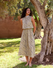 Paisley Print Rhinestone High Neck Midi Dress