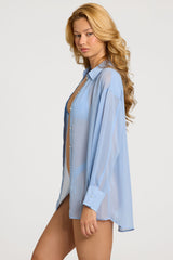 Pearl-Detail Oversized Shirt in Sky Blue