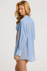 Pearl-Detail Oversized Shirt in Sky Blue