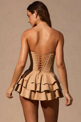 Ruffled Lace-Up Corset Playsuit in Tan