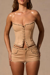 Lace-Up Corset Top  in Tan