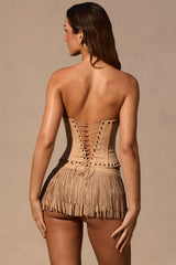 Fringed Low-Rise Mini Shorts in Tan