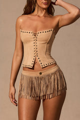 Fringed Low-Rise Mini Shorts in Tan