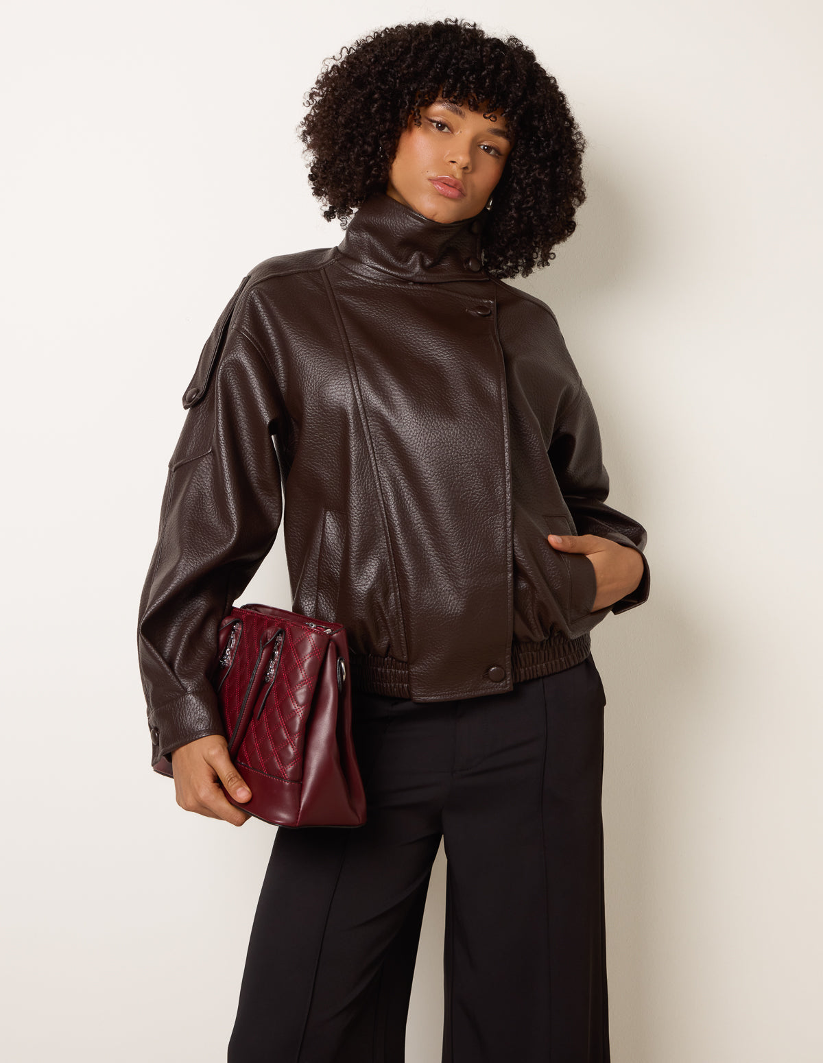 High Collar Faux Leather Jacket