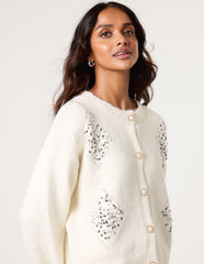 Diamante Sequin Brochure Button Front Cardigan