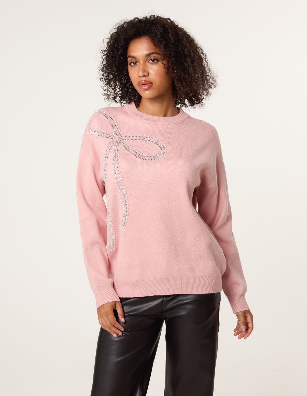 Diamante And Pearl Bow Knit Jumper