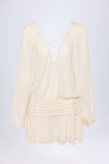 Lace-Up Balloon-Sleeve Mini Dress in Ivory