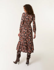 Floral Printed Shirred Waist Midi Shirt Dress