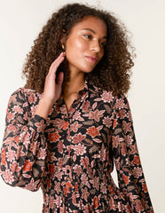 Floral Printed Shirred Waist Midi Shirt Dress