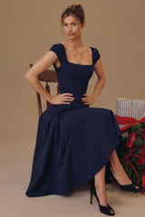 navy lace back twill midi dress