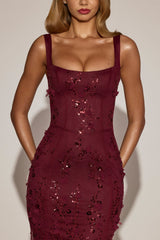 Embellished Fishtail Corset Gown in Wine Red