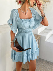 Pure Essence Smocked Babydoll Mini Dress - blue