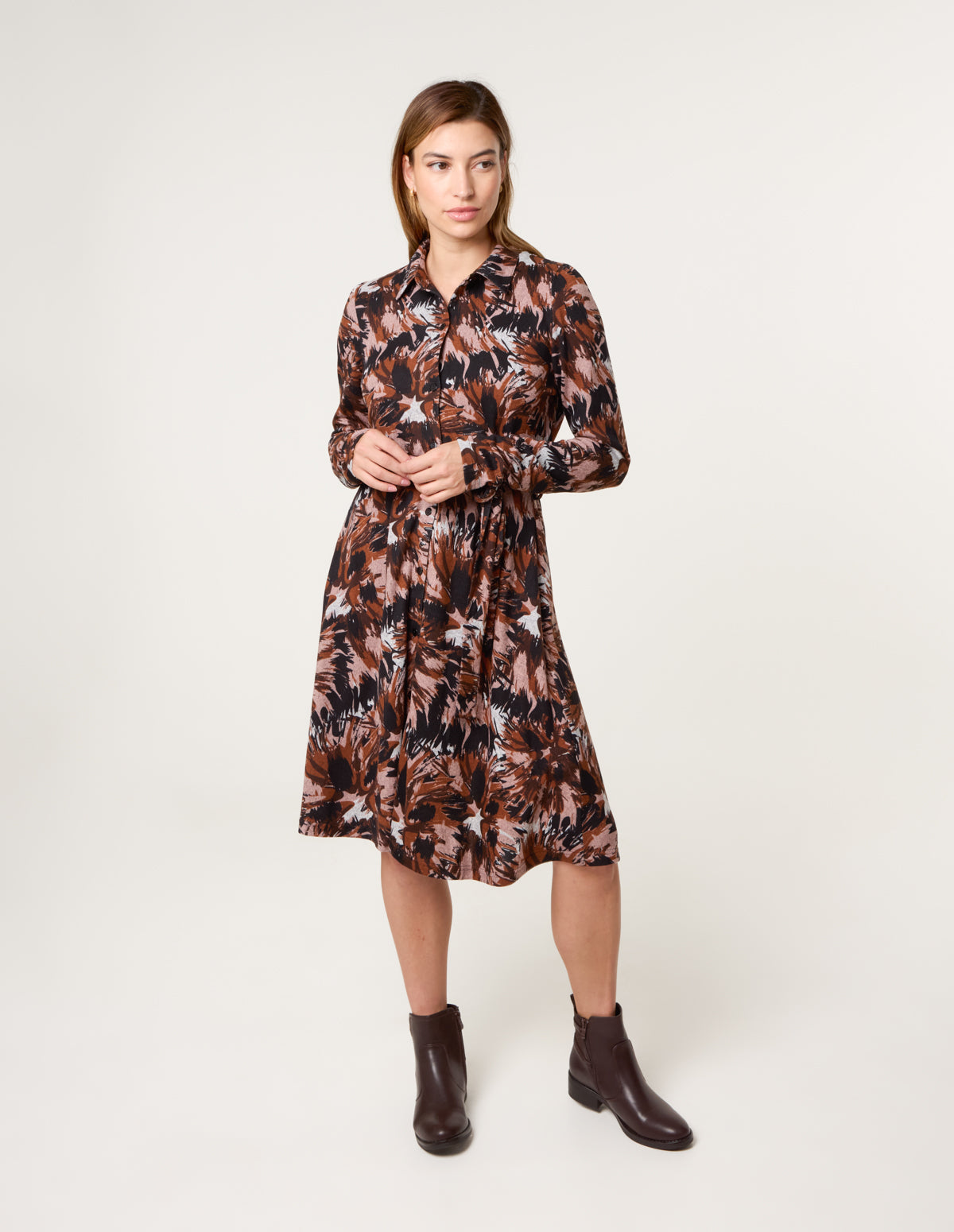 Abstract Printed Short Belted Shirt Dress