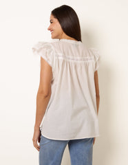 Cotton Embroidery Detail Ruffle Sleeve Top