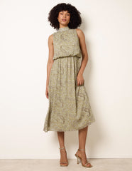 Paisley Print Rhinestone High Neck Midi Dress