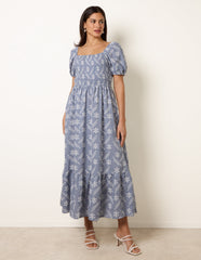 Embroidery Puff Sleeve Midi Dress