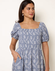 Embroidery Puff Sleeve Midi Dress