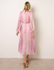 Zig Zag Metallic High Neck Puffball Pleated Dress