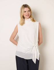 Sleeveless Cowl Tie Front Chiffon Blouse