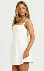 Ida Mini Dress - Wide Strap Straight Neck  Bow Back Dress In White