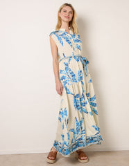 Leaf Print Collarless Shirt Dress With Belted Waist